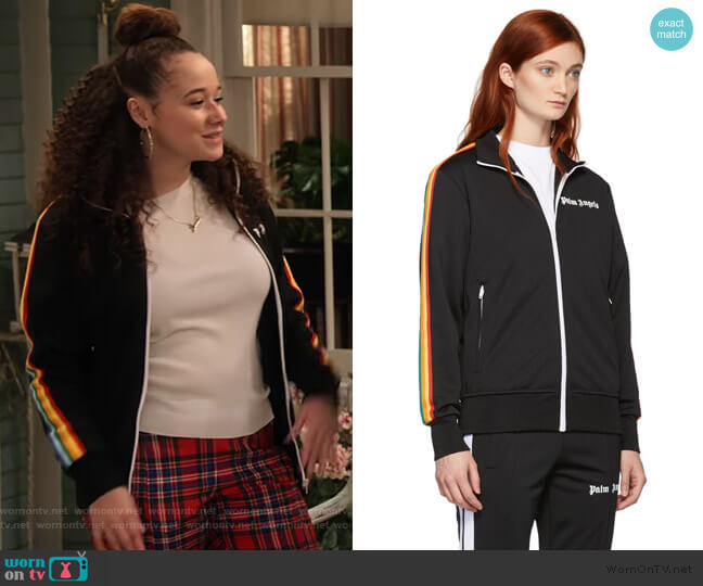 Palm Angles Black Rainbow Stripe Track Jacket worn by Jade (Talia Jackson) on Family Reunion