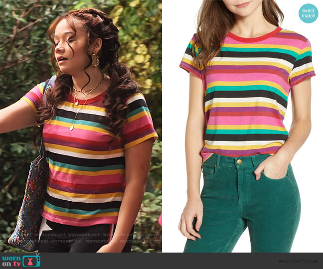Pam and Gela Rainbow Stripe Tee worn by Jade (Talia Jackson) on Family Reunion