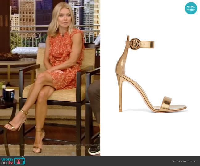 Gianvito Rossi Portofino Metallic Leather Sandals worn by Kelly Ripa on Live with Kelly and Mark