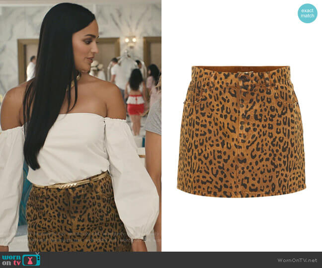 Saint Laurent Leopard Denim Miniskirt worn by Carolina (Feliz Ramirez) on Grand Hotel