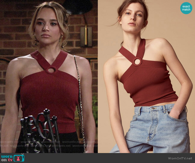 Sandro Fine Knit Top with Crossover Straps worn by Summer Newman (Hunter King) on The Young and the Restless