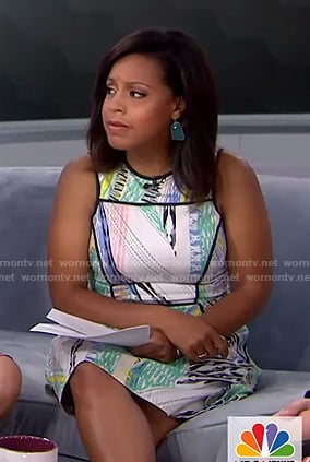 Sheinelle’s printed dress with black piping on Today