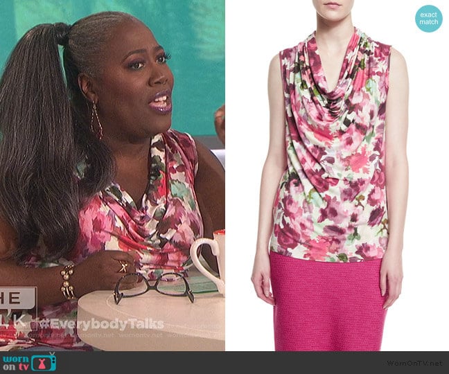 St. John Collection Brigitte Floral-Print Cowl-Neck Shell worn by Sheryl Underwood on The Talk