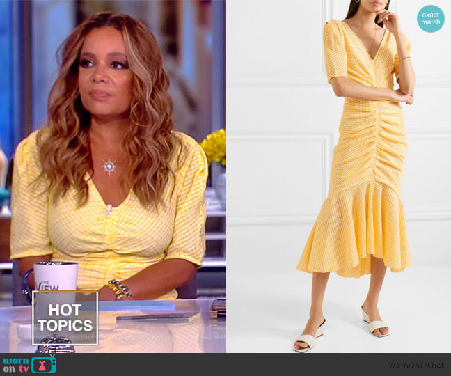 Staud Panier Asymmetric Ruched Gingham Dress worn by Sunny Hostin on The View