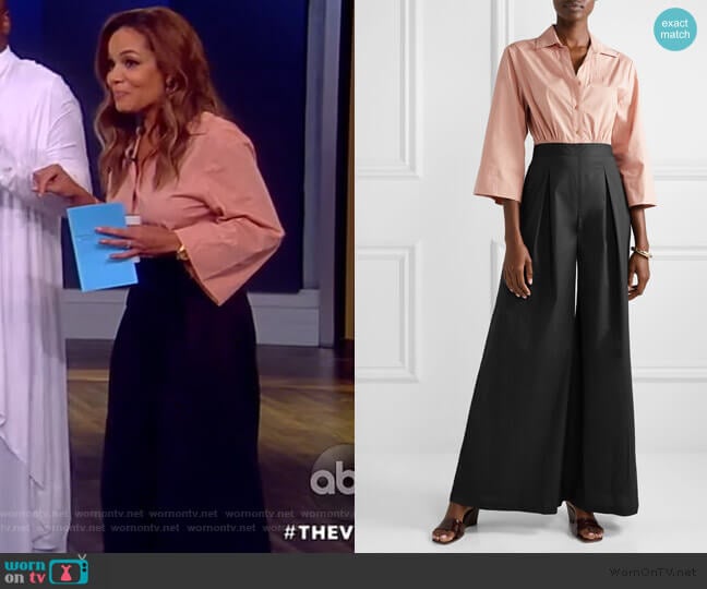 Staud Scoti two-tone cotton-blend poplin jumpsuit worn by Sunny Hostin on The View