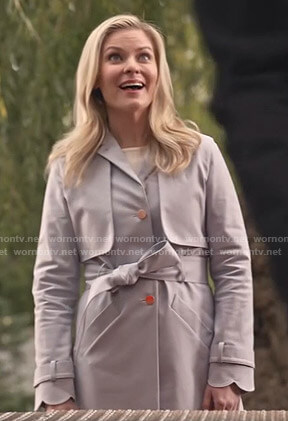 Stephanie’s grey scalloped trench coat on Good Witch