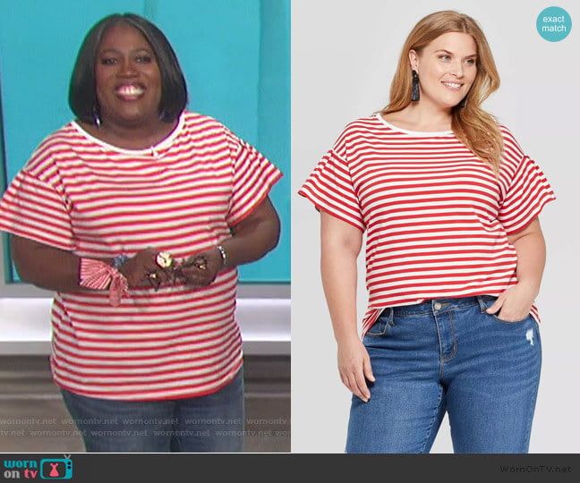 Ava and Viv Striped Short Sleeve Crew Neck Relaxed T-Shirt worn by Sheryl Underwood on The Talk
