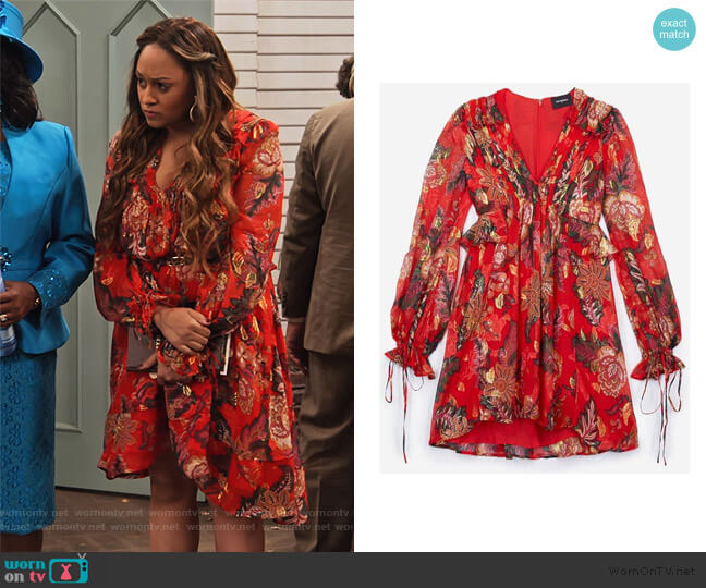 The Kooples Red Silk Dress with Bollywood Print worn by Cocoa McKellan (Tia Mowry-Hardrict) on Family Reunion