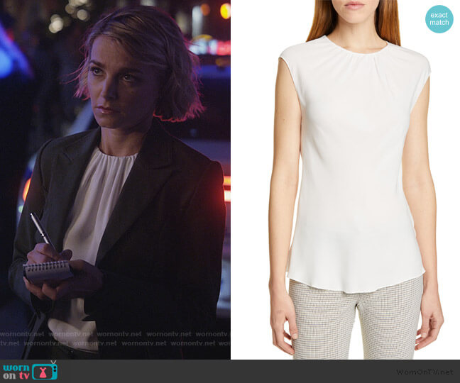 Theory Gathered Silk Top worn by Lizzie Needham (Bojana Novakovic) on Instinct