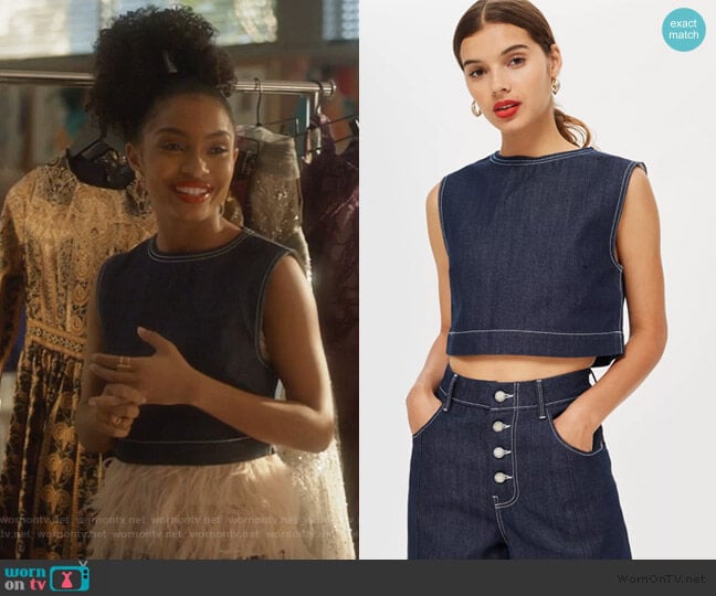Boutique by Topshop Boutique Cropped Denim Tank Top worn by Zoey Johnson (Yara Shahidi) on Grown-ish