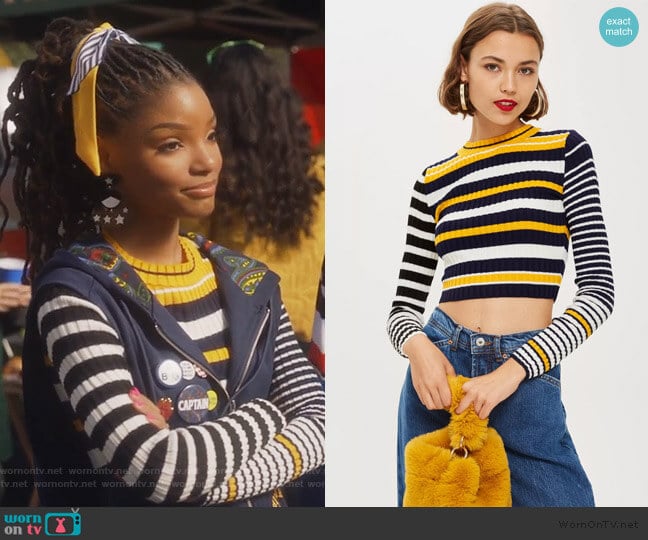 Topshop Stripe Cropped Jumper worn by Skylar Forster (Halle Bailey) on Grown-ish