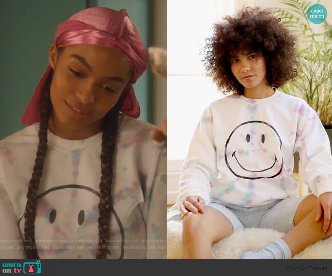 Urban Outfitters Day Smiley Tie-Dye Pullover Sweatshirt worn by Zoey Johnson (Yara Shahidi) on Grown-ish