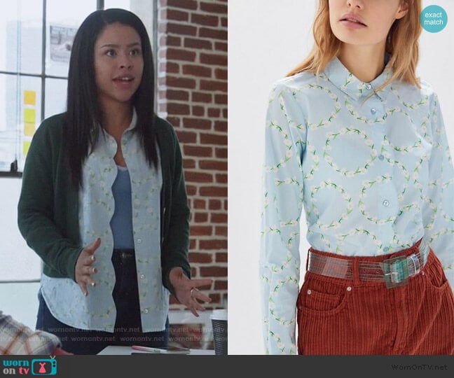 Urban Outfitters Floral Scalloped Button-Down Shirt worn by Mariana Foster (Cierra Ramirez) on Good Trouble