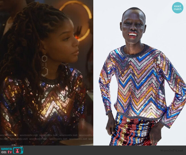 Zara Chevron Sequined Sweater worn by Skylar Forster (Halle Bailey) on Grown-ish