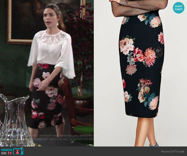Zara Floral Pencil Skirt worn by Victoria Newman (Amelia Heinle) on The Young and the Restless