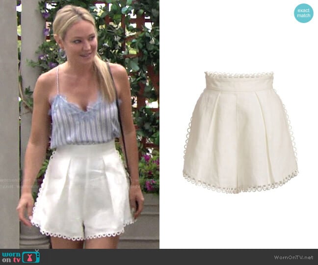 Zimmermann Allia High-Waist Linen Scallop Shorts worn by Sharon Newman (Sharon Case) on The Young and the Restless