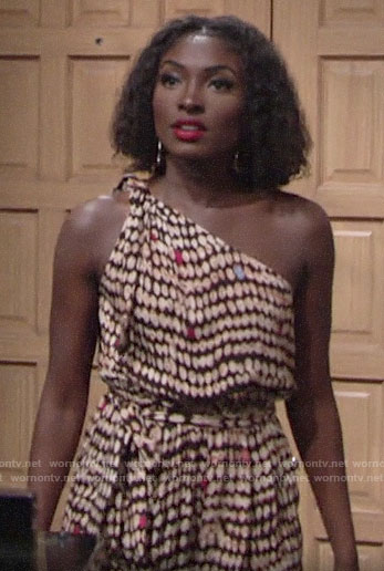 Ana’s printed one-shoulder jumpsuit on The Young and the Restless