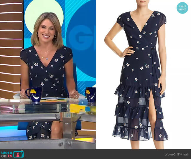 Aqua Daisy Faux-Wrap Floral-Print Midi Dress worn by Amy Robach on Good Morning America