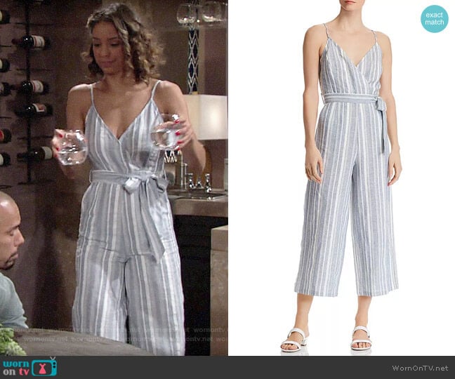 Aqua Striped Cropped Wide-Leg Jumpsuit worn by Elena Dawson (Brytni Sarpy) on The Young and the Restless