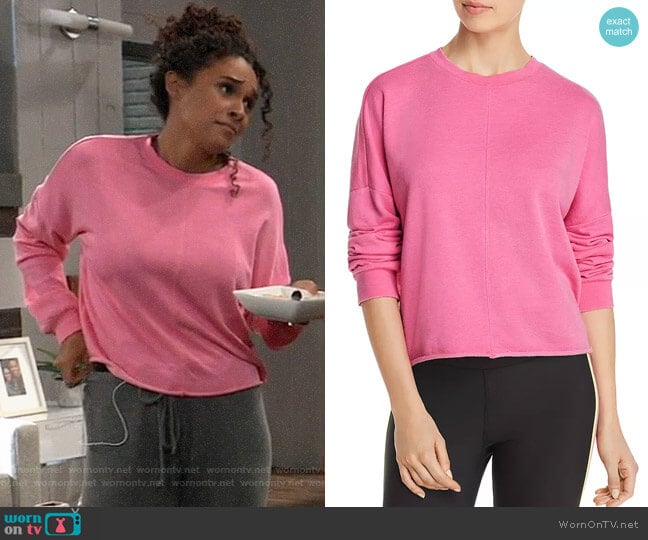 Aqua Raw-Edge Sweatshirt in Pink worn by Jordan Ashford (Briana Nicole Henry) on General Hospital