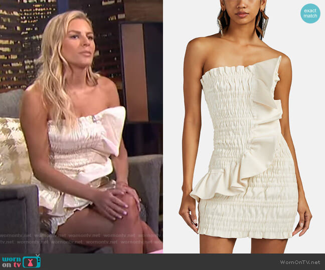 Area Ruched Cotton-Blend Lamé Strapless Minidress worn by Morgan Stewart on E! News