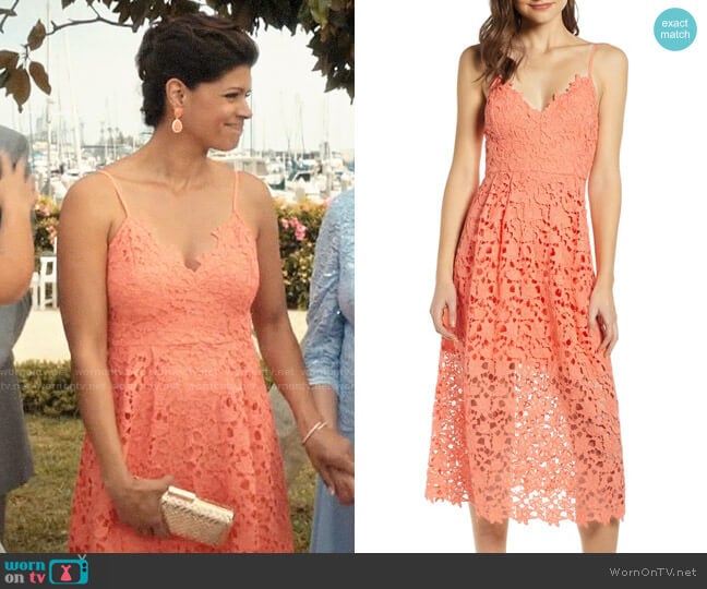 ASTR Lace Midi Dress in Coral worn by Xiomara Villanueva (Andrea Navedo) on Jane the Virgin