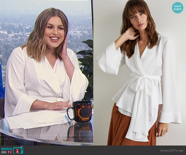 Bcbgmaxazria Shawl Collar Wrap Top worn by Carissa Loethen Culiner on E! News