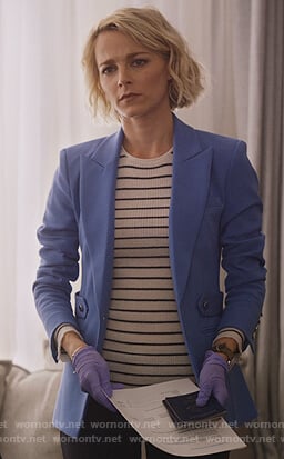 Lizzie’s blue single breasted blazer with side tabs on Instinct