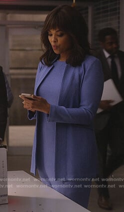 Jasmine’s blue textured jacket and dress on Instinct