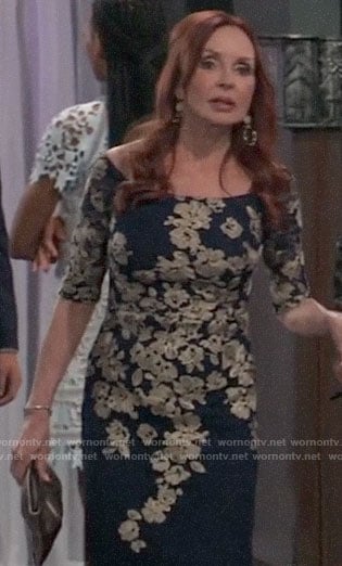 Bobbie’s navy and gold floral embroidered dress on General Hospital