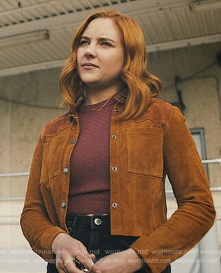 Violet’s brown suede jacket and textured sweater on Light as a Feather