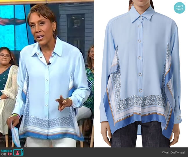 Burberry Monogram Print Trim Silk Boyfriend Shirt worn by Robin Roberts on Good Morning America