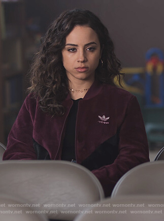 Moe’s burgundy Adidas velvet jacket on Trinkets