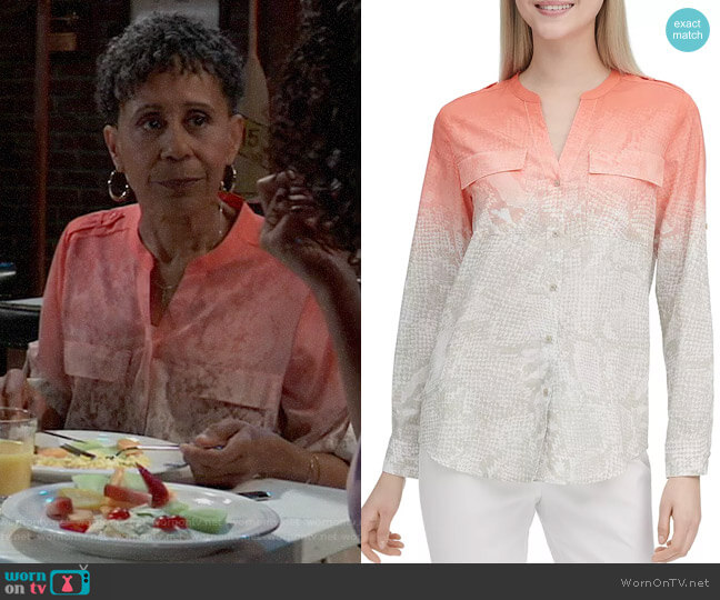Calvin Klein Cotton Roll-Sleeve Shirt in Porcelain Rose worn by Stella Henry (Vernee Watson) on General Hospital