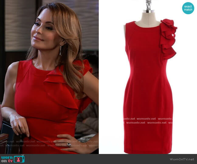 Calvin Klein Sleeveless Ruffled Sheath worn by Olivia Falconeri (Lisa Lo Cicero) on General Hospital