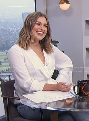 Carissa’s white wrap top on E! News Daily Pop