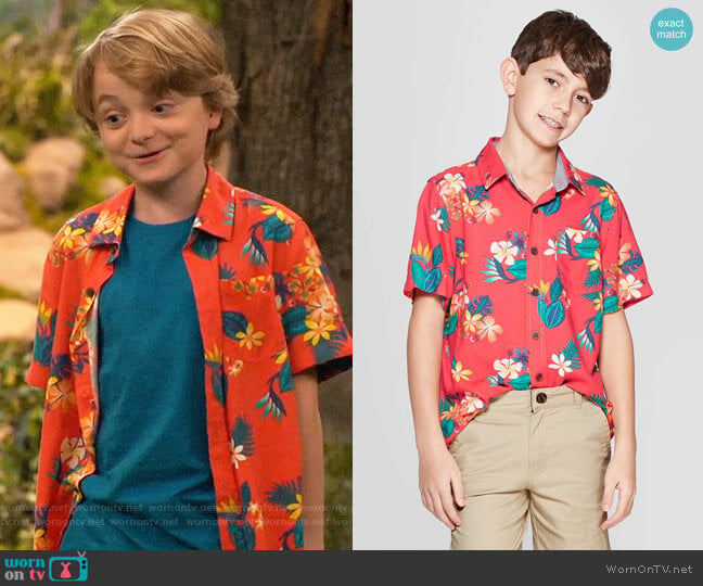 Cat & Jacket Short Sleeve Hawaiian Button-Down Shirt worn by Finn Sawyer (Will Buie Jr) on Bunkd