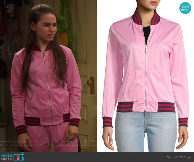 American Stitch Contrast-Trimmed Bomber Jacket worn by Tess O'Malley (Sky Katz) on Ravens Home