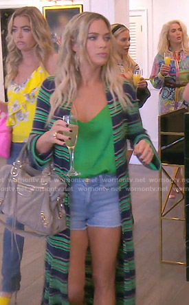 Teddi’s green striped long cardigan on The Real Housewives of Beverly Hills