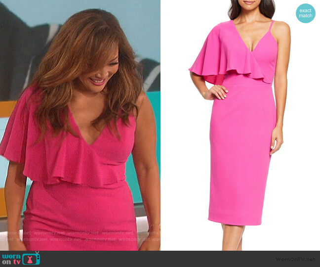 Dress the Population Beth Asymmetrical Ruffle Sleeve Dress worn by Carrie Inaba on The Talk
