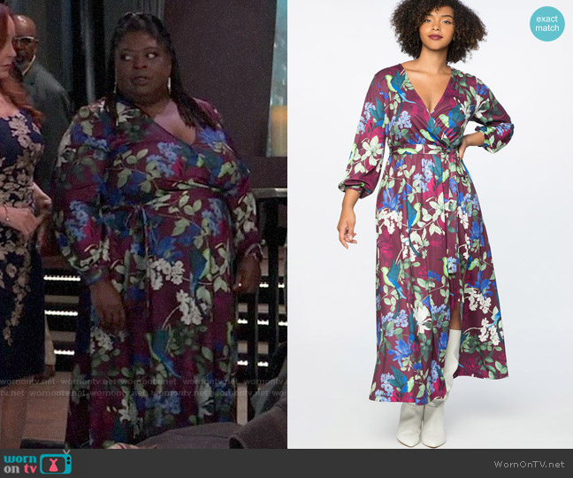 Eloquii Printed Wrap Maxi Dress in Hummingbird Floral worn by Epiphany Johnson (Sonya Eddy) on General Hospital