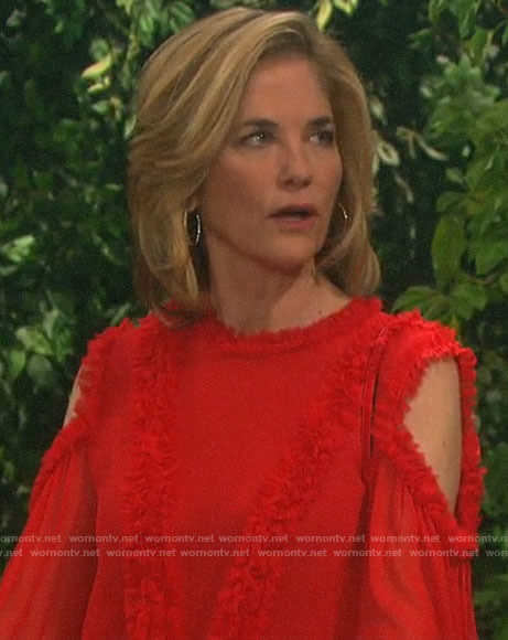 Eve’s red ruffled trim cold-shoulder blouse on Days of our Lives