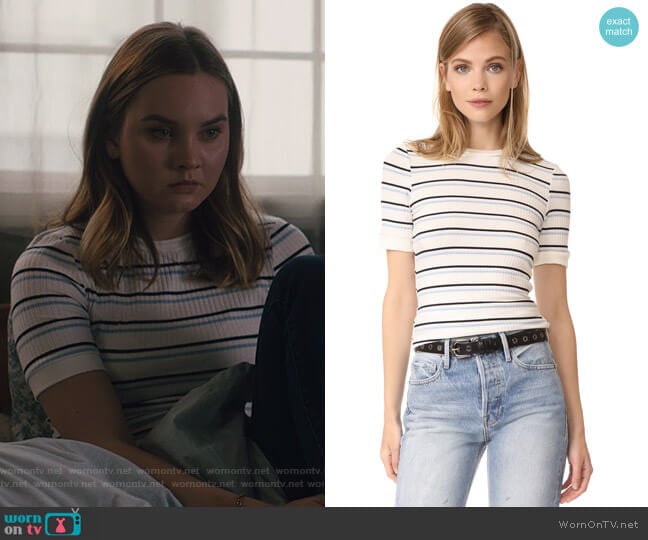 Frame 70s Double Stripe Fitted Tee worn by McKenna Brady (Liana Liberato) on Light as a Feather