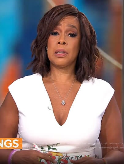 Gayle’s white floral v-neck dress on CBS Mornings