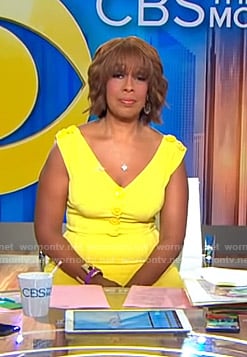 Gayle’s yellow buttoned v-neck dress on CBS Mornings