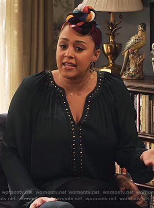 Cocoa’s green studded trim blouse on Family Reunion