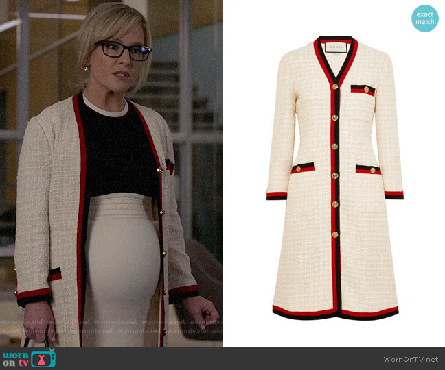 Gucci Grosgrain-trimmed cotton-blend boucle-tweed coat worn by Sheila Sazs (Rachael Harris) on Suits