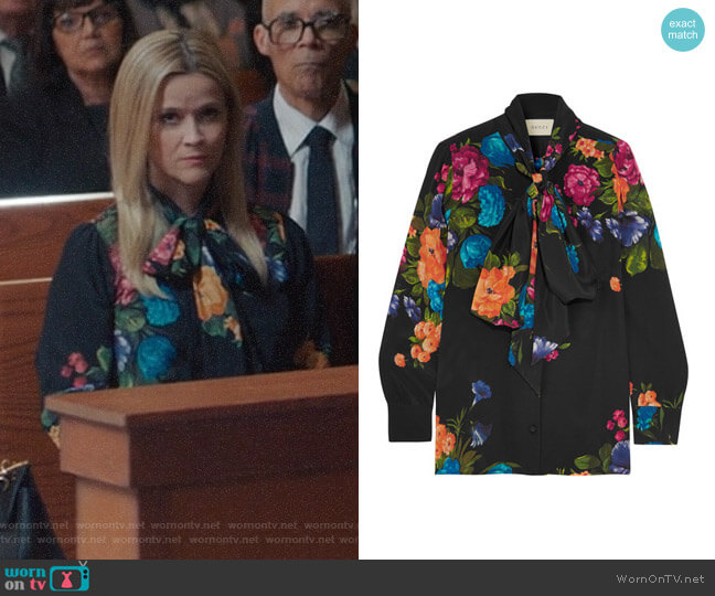 Gucci Pussy-Bow Floral Print Silk Blouse worn by Madeline Martha Mackenzie (Reese Witherspoon) on Big Little Lies