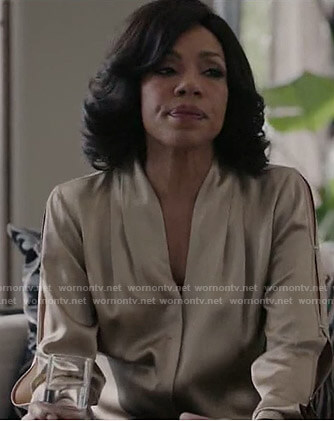 Helen’s gold cutout sleeve blouse on Grand Hotel