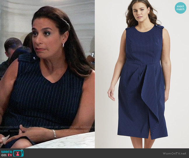 Jason Wu x Eloquii Pinstripe Origami Sheath Dress worn by Zahra Amir (Maysoon Zayid) on General Hospital
